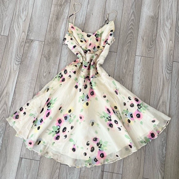 Vintage Y2K Betsey Johnson New York silk cream floral A-line midi dress size 8 - Picture 1 of 7